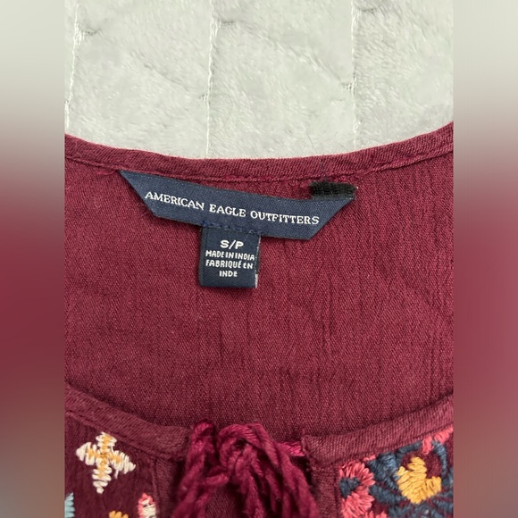 American Eagle Outfitters Burgundy Peplum Embroidered Top with Tassels - Picture 8 of 11